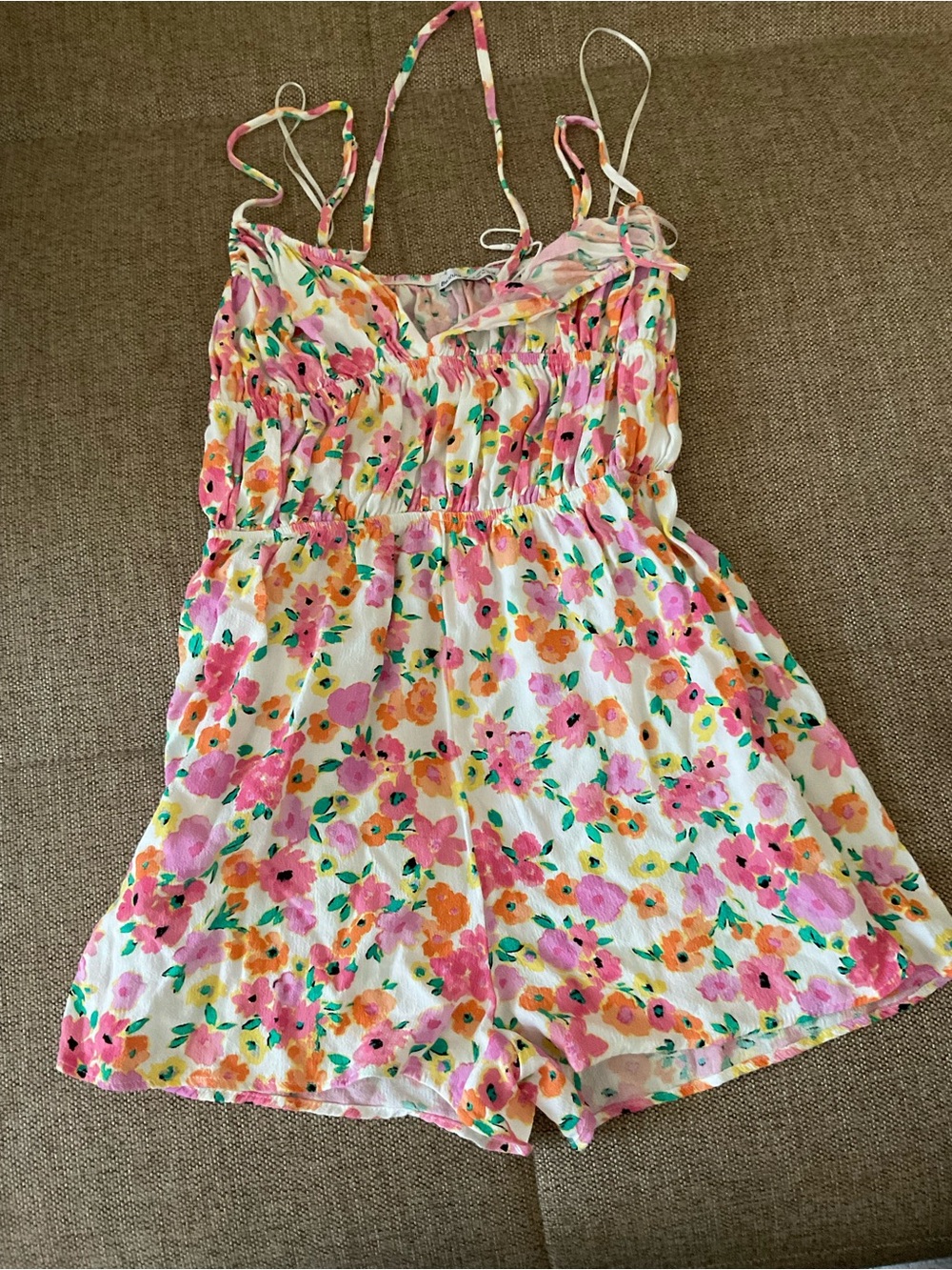 Girls Floral Sleeveless Romper in Pink & Orange